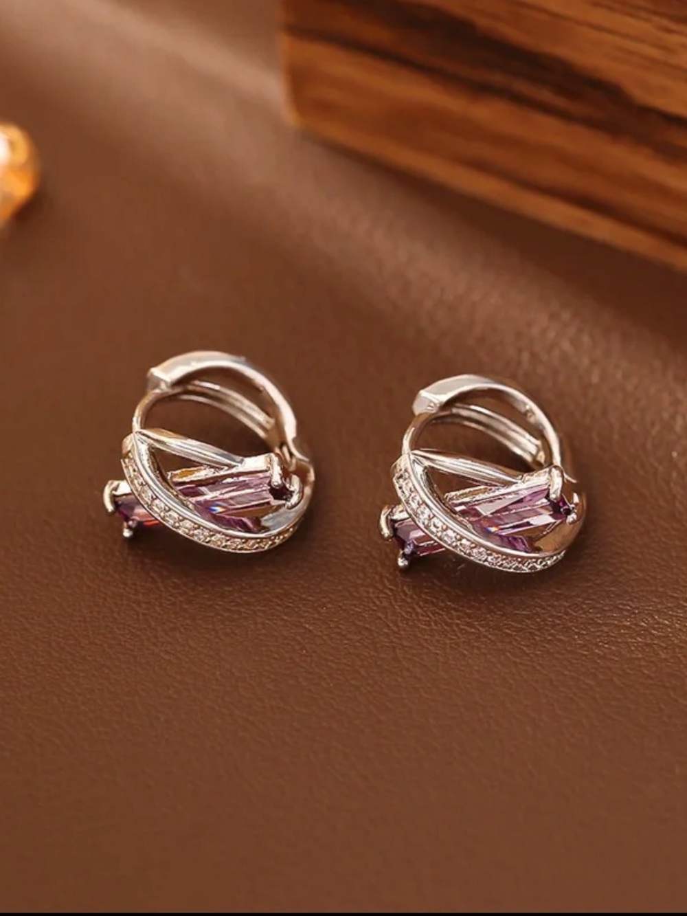 Lavender Crystal Accent Huggie Earrings NWT Gold Plated - Picture 4 of 4